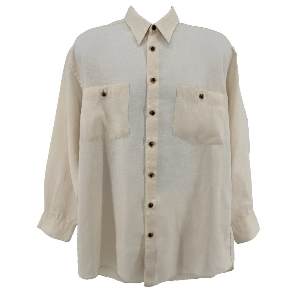 Scott Barber 100% Linen Mens Medium Cream Long Sleeve Button Up Shirt USA